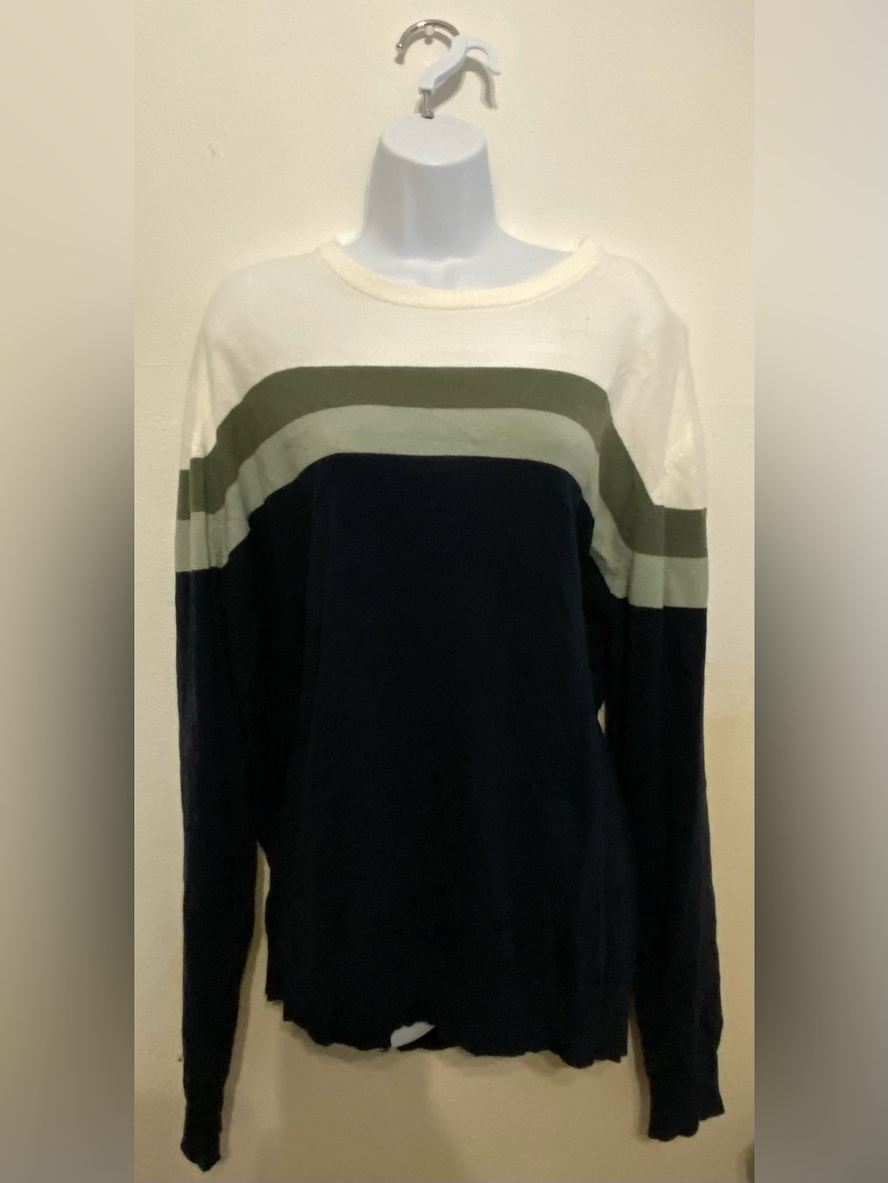 NFINITY Men's Crewneck Sweater in Navy, White & Olive Green Stripes